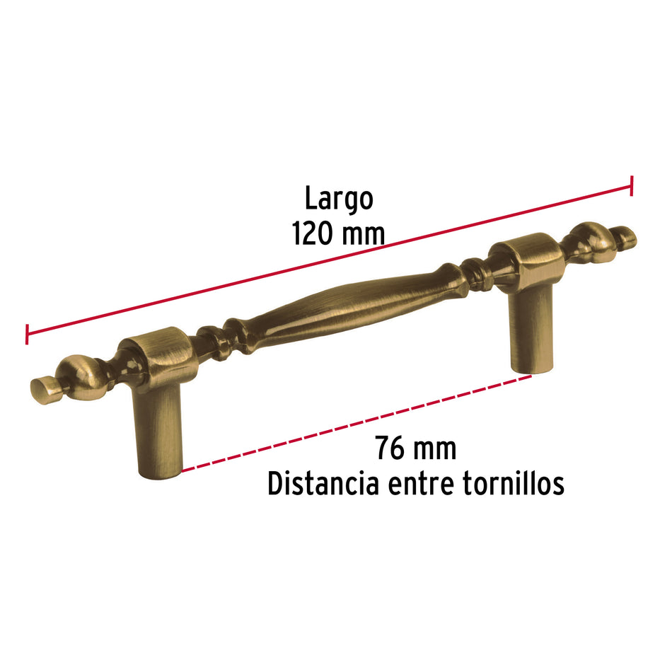 Jaladera metálica de 76 mm estilo 'Colonial', latón antiguo Caja con 12, 43837