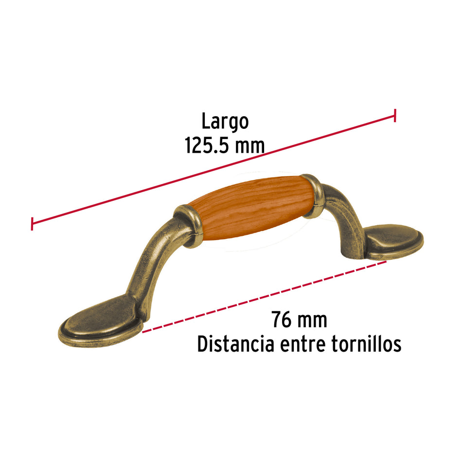 Jaladera metálica de 76mm latón antiguo, inserto tipo madera Caja con 12, 43831
