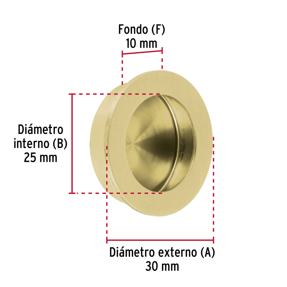 Jaladera de embutir circular No. 2 acabado latón brillante Caja con 10, 48993