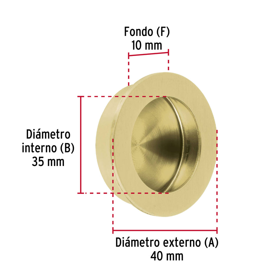 Jaladera de embutir circular No. 3 acabado latón brillante Caja con 10, 48994