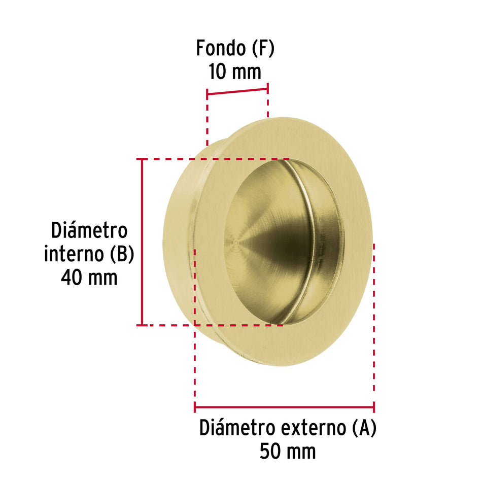 Jaladera de embutir circular No. 4 acabado latón brillante Caja con 10, 48995