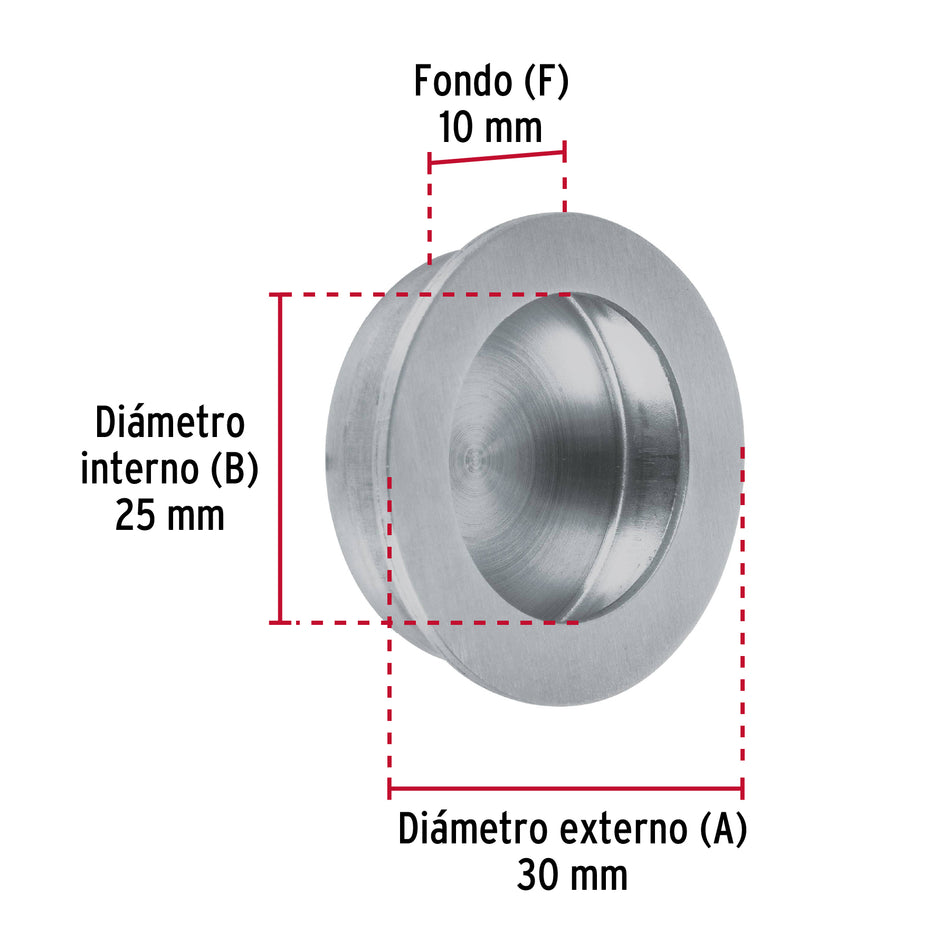 Jaladera de embutir circular No. 2 acabado cromo mate Caja con 10, 48996