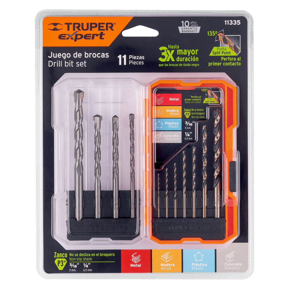 Juego de 11 brocas para metal y concreto en estuche, Truper Caja con 3, 11335