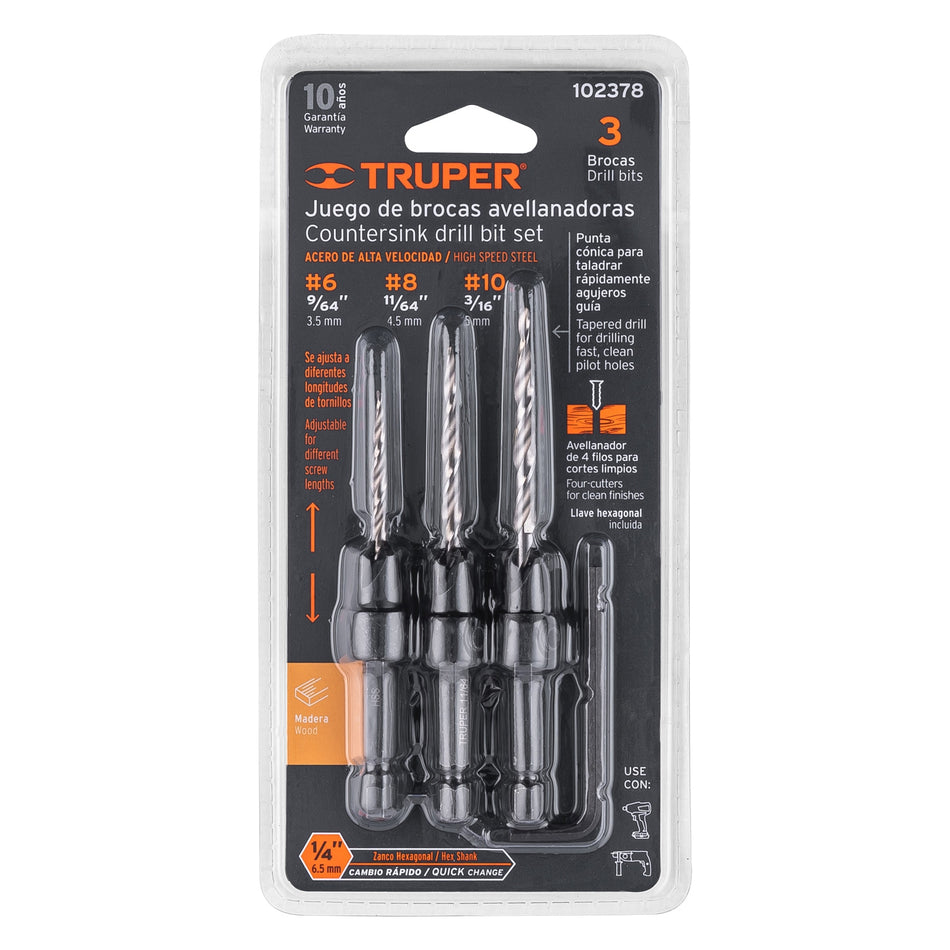 Juego de 3 brocas avellanadoras, TRUPER Caja con 4, 102378