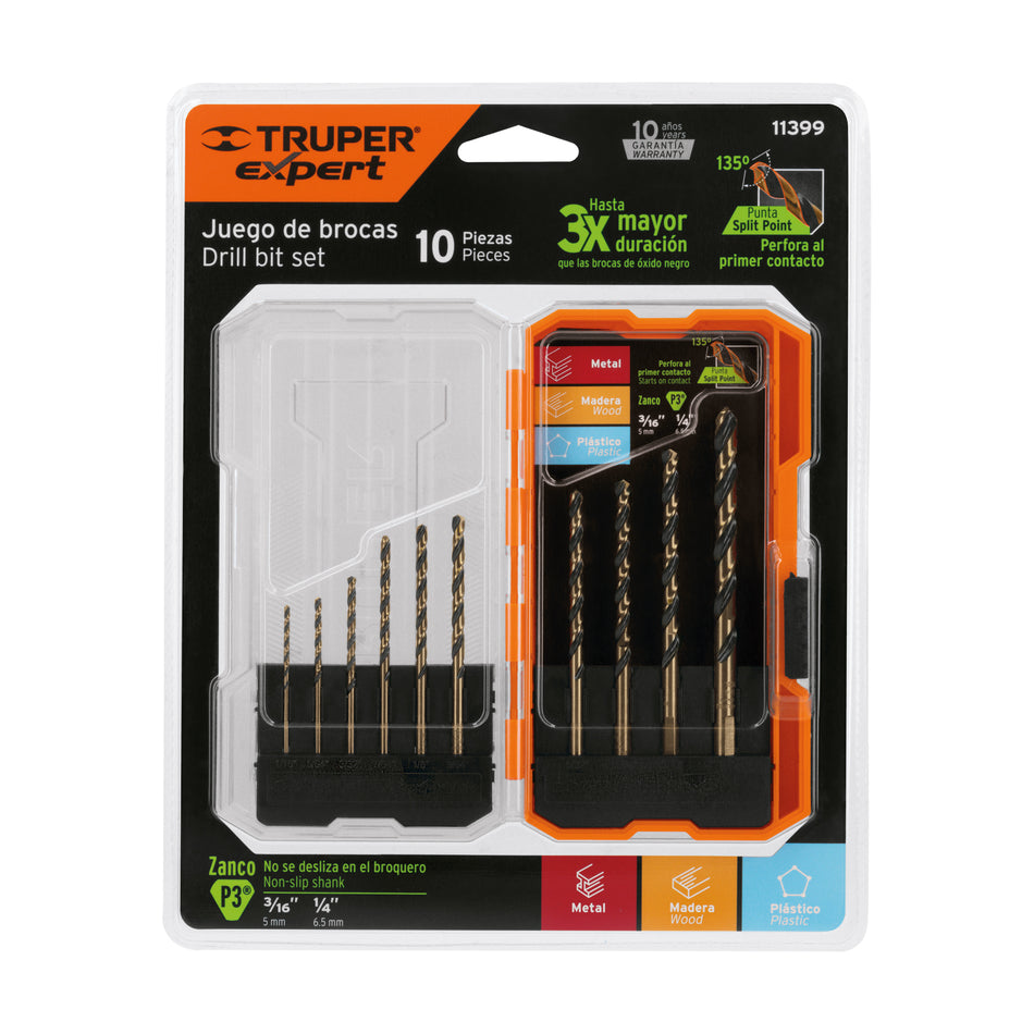 Juego de 10 brocas HSS para metal en estuche, Truper Expert Caja con 3, 11399