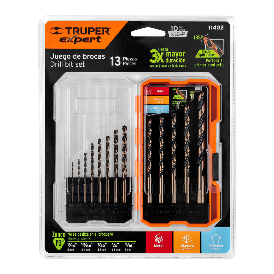 Juego de 13 brocas HSS para metal en estuche, Truper Expert Caja con 3, 11402