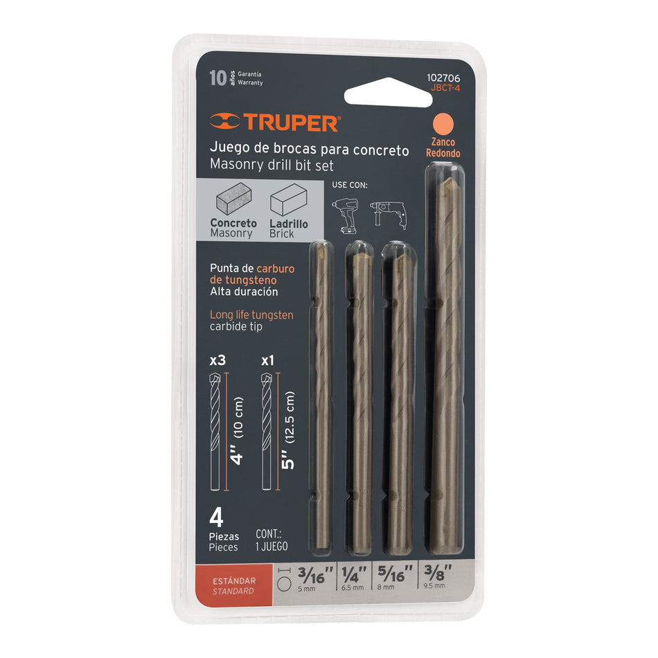 Juego de 4 brocas para concreto, TRUPER Caja con 10, 102706