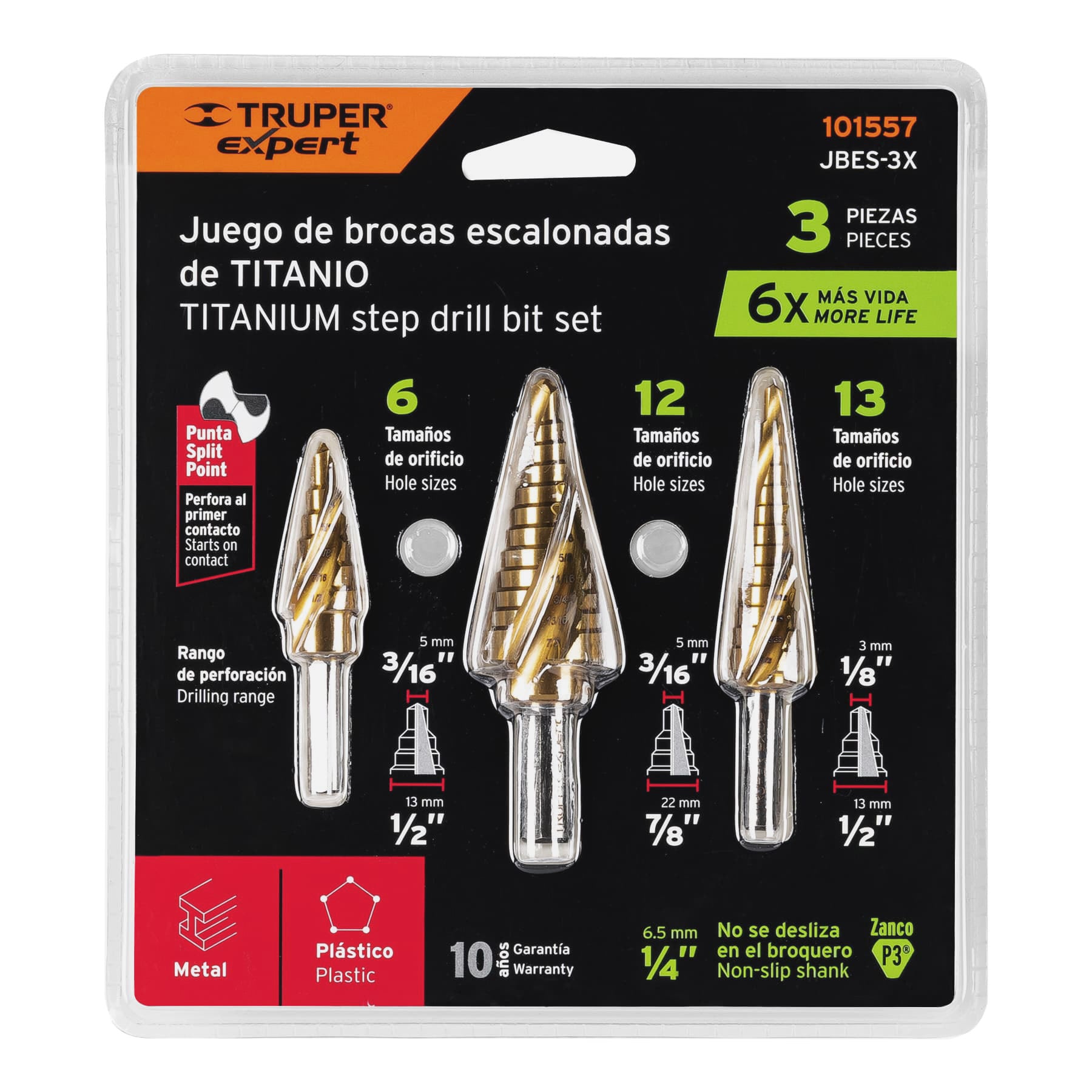 Juego de 3 brocas escalonadas de titanio, Truper Expert, 101557