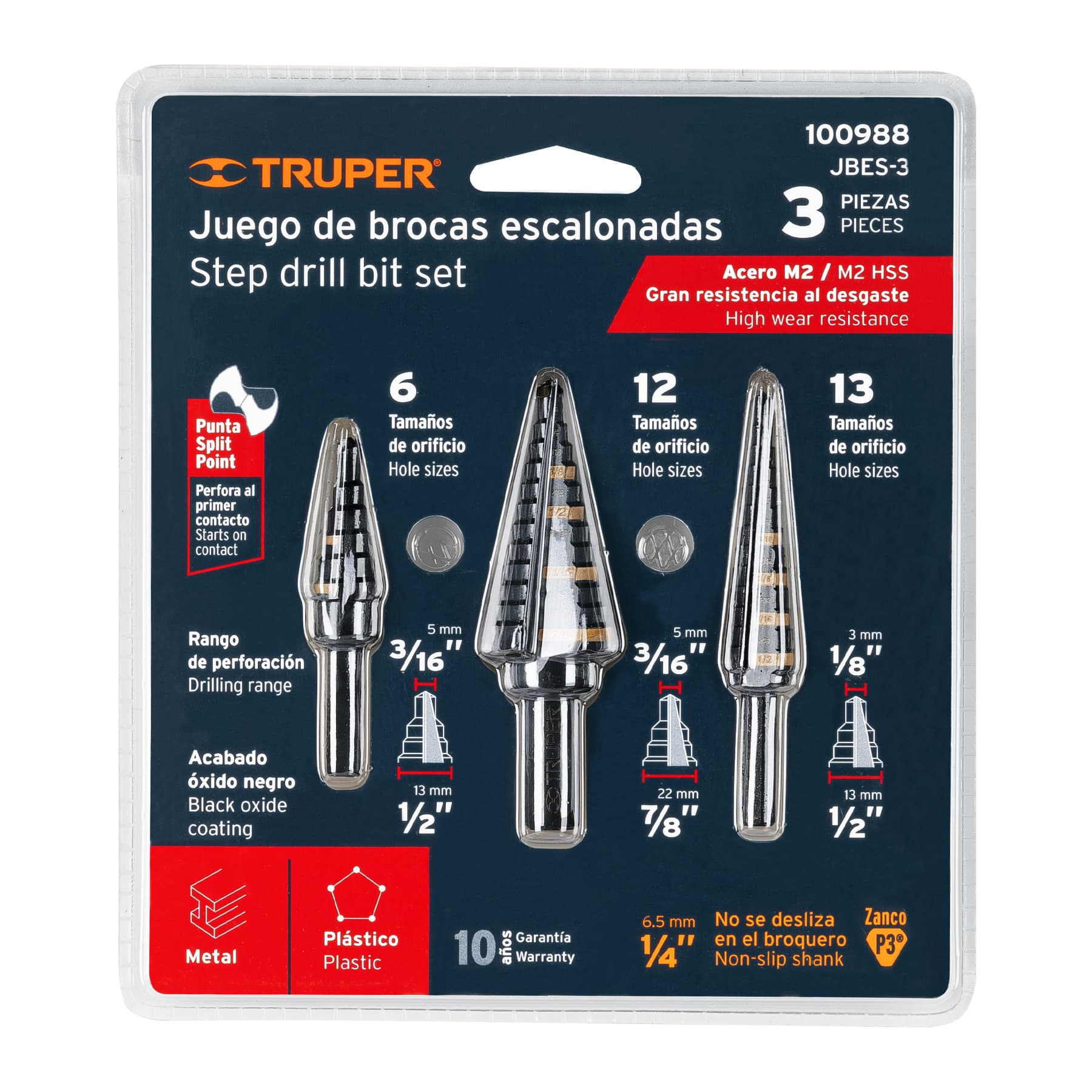 Juego de 3 brocas escalonadas de óxido negro, Truper, 100988