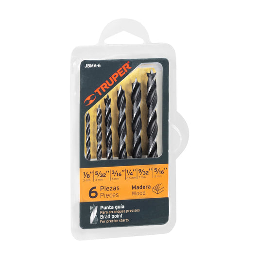 Juego de 6 brocas con punta centradora para madera, TRUPER Caja con 6, 11337