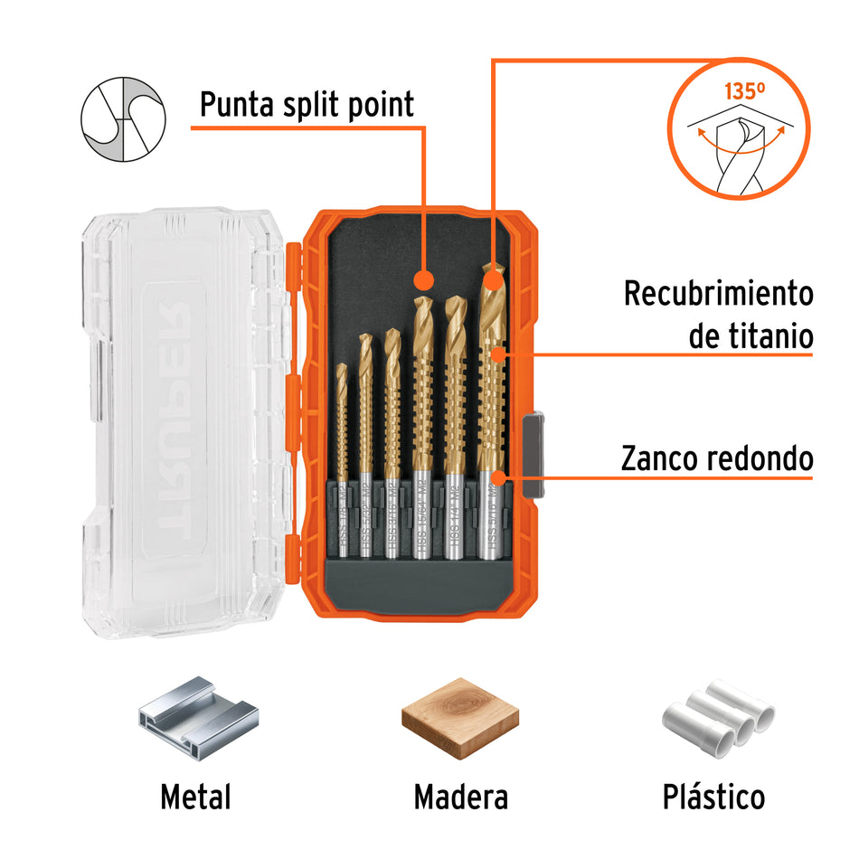 Juego de 6 brocas multimaterial helicoidal con sierra, TRUPE, 103924