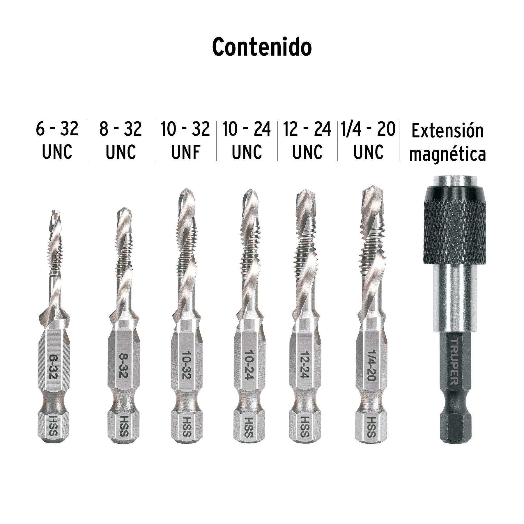 Juego de 6 brocas HSS con machuelo para metal, Truper, 102335