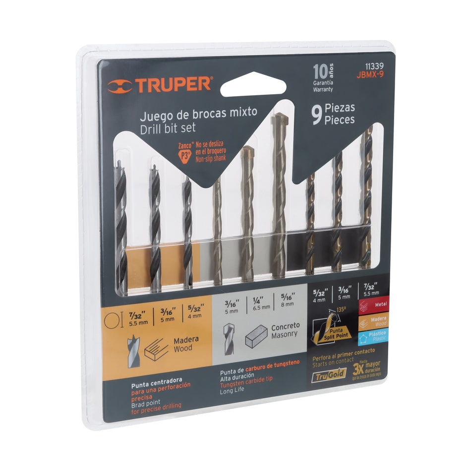 Juego de 9 brocas para metal, concreto y madera, Truper Caja con 6, 11339