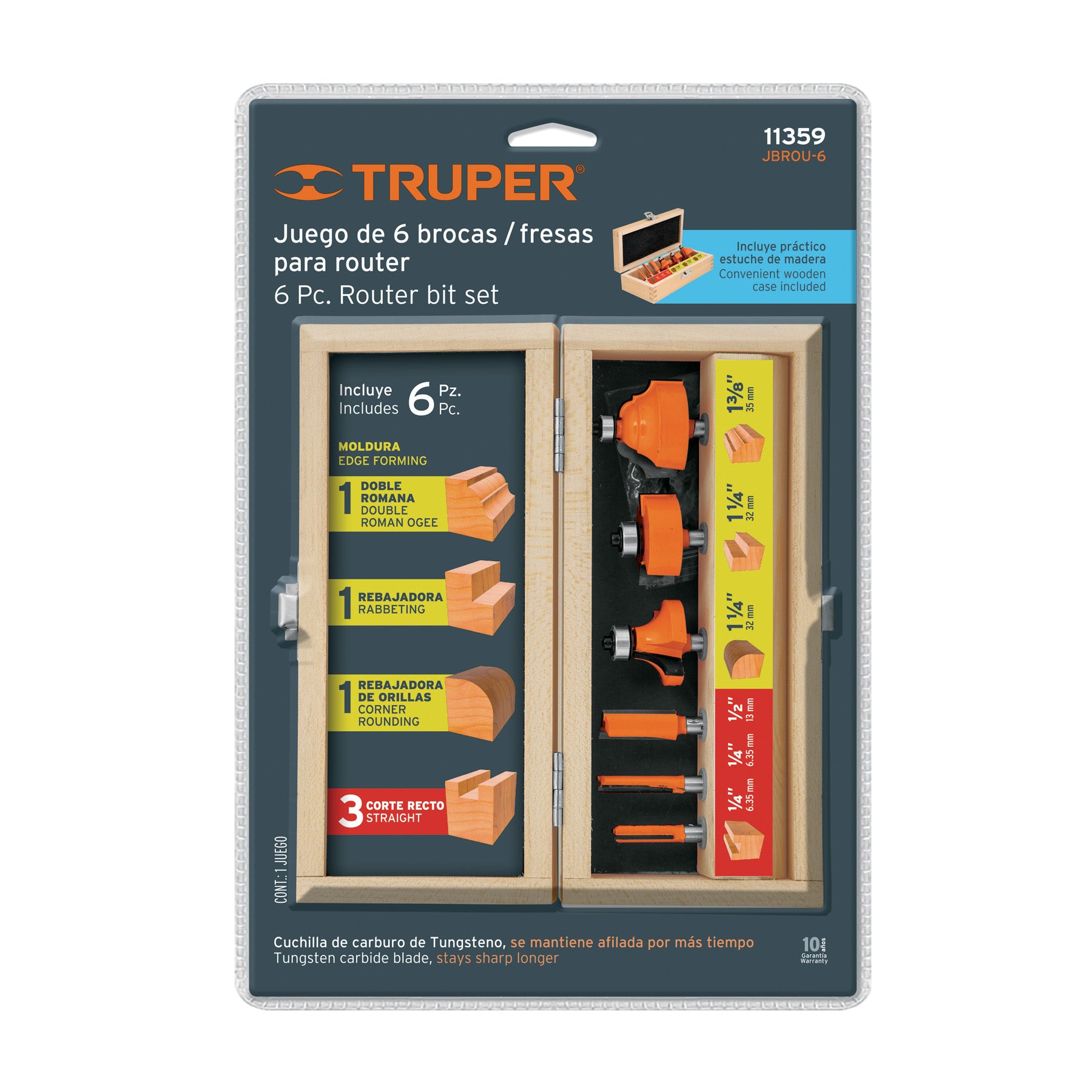 Juego de 6 brocas para router, Truper, 11359