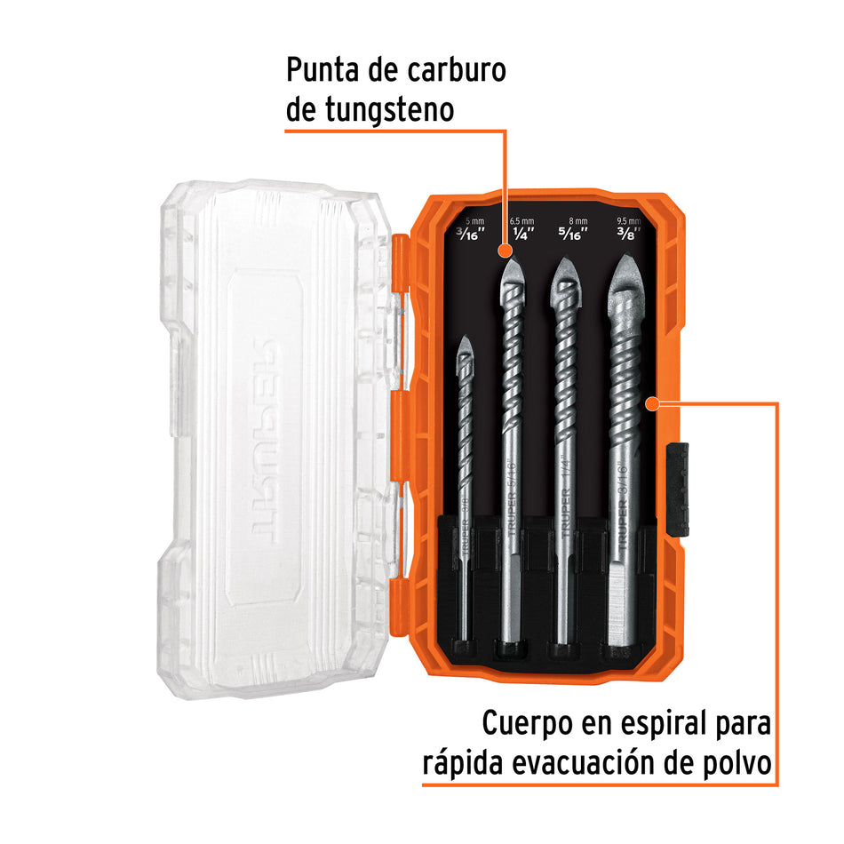 Juego de 4 brocas para vidrio y azulejo, Truper Expert Caja con 6, 101841