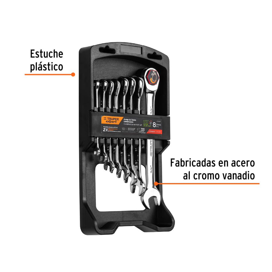 Juego de 8 llaves combinadas std pulidas con matraca, EXPERT, 15817