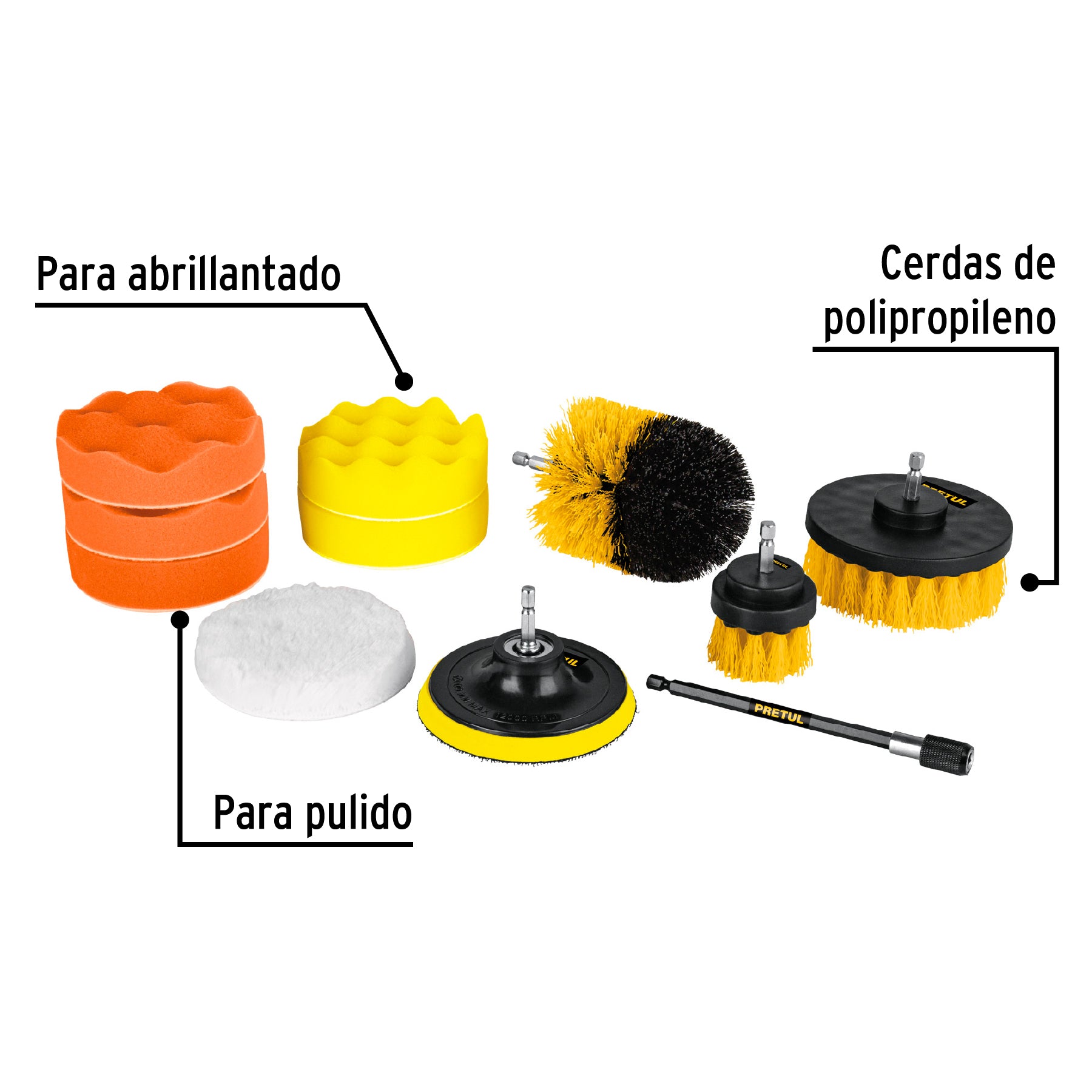 Juego 11 accesorios de limpieza y pulido p/taladro, Pretul, 27190