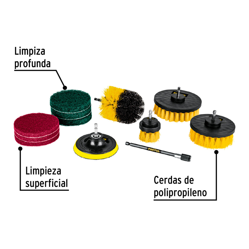 Juego 12 accesorios de limpieza y asentado p/taladro, Pretul Caja con 3, 27191