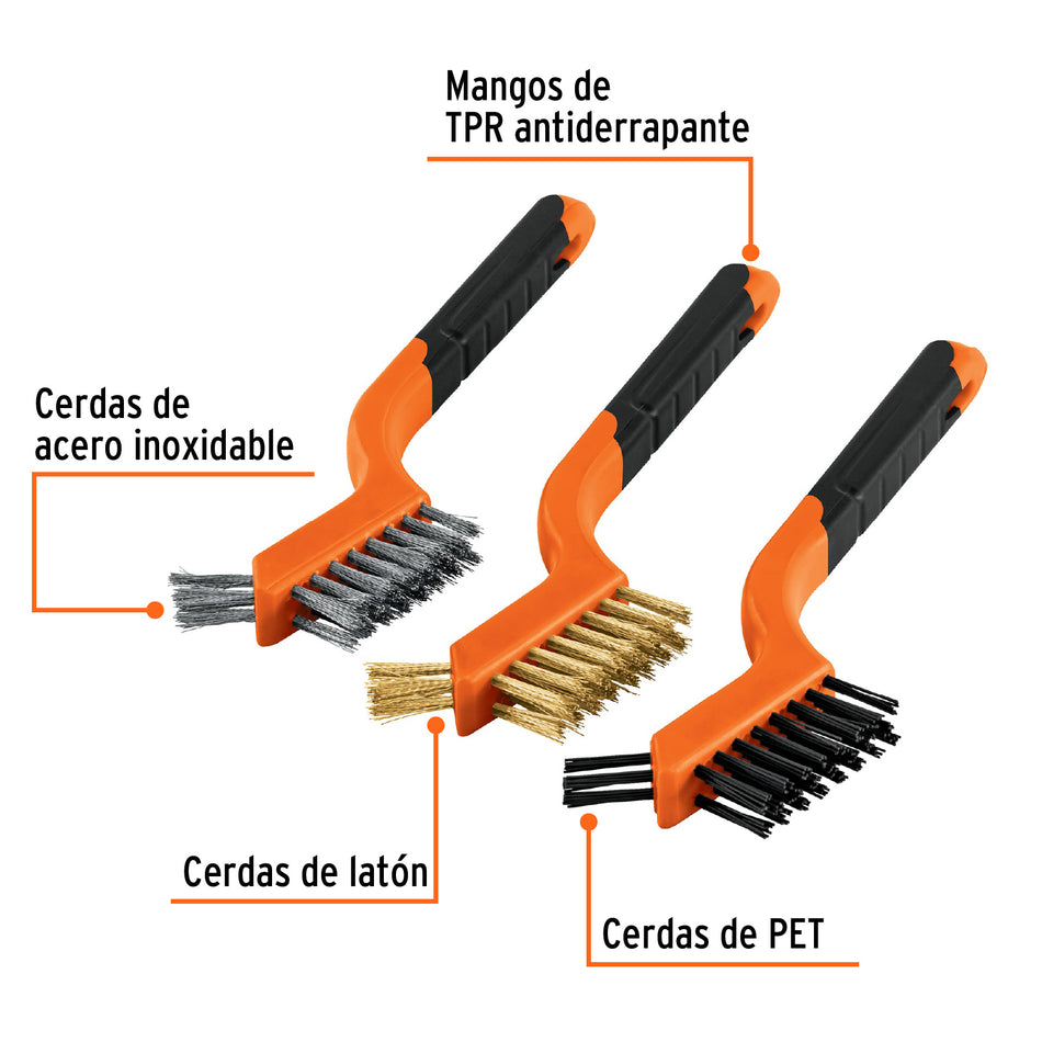 Juego de 3 mini cepillos de alambre 28 pinceles, Truper Caja con 4, 10652