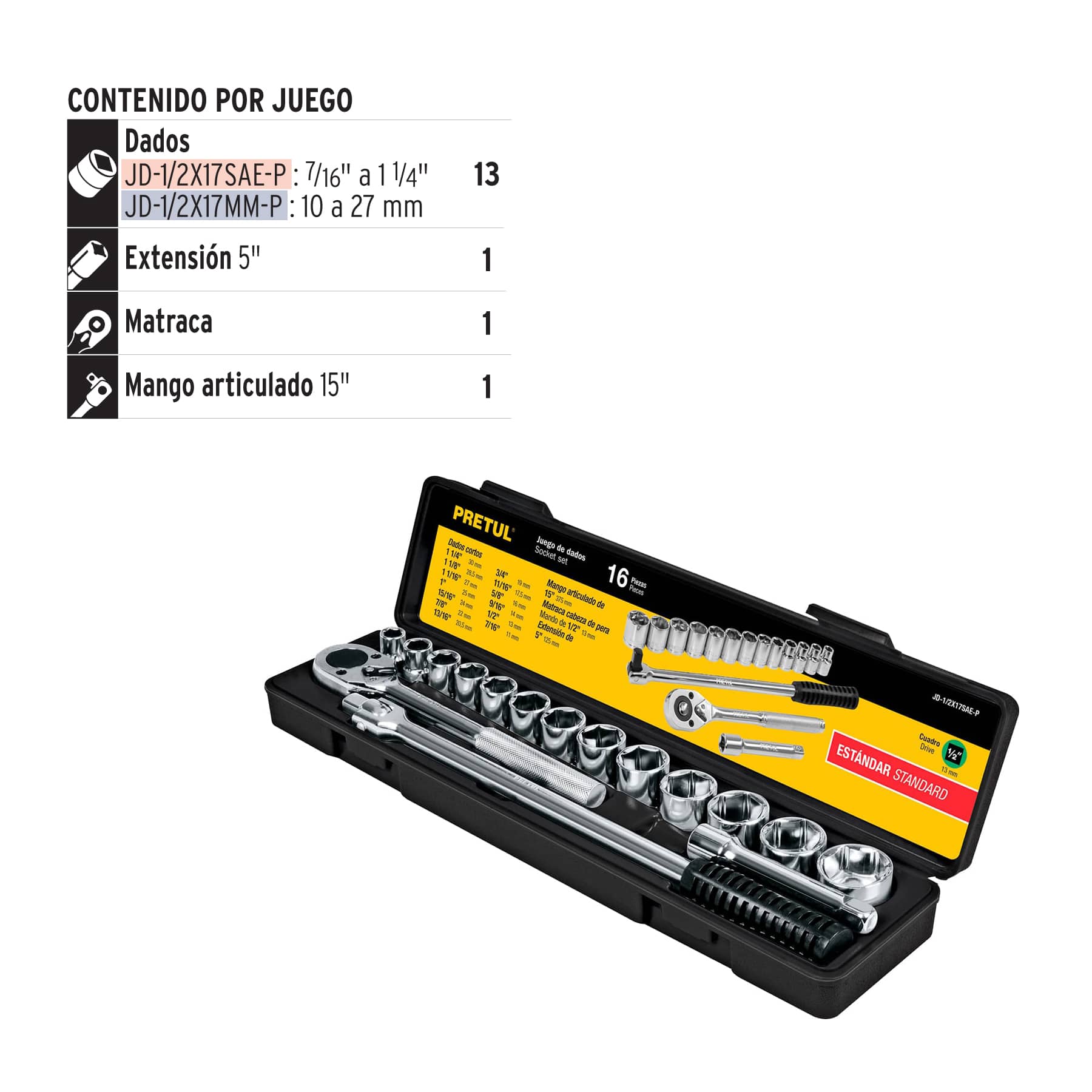 Juego de 16 herramientas 1/2' std para mecánico, Pretul, 21172