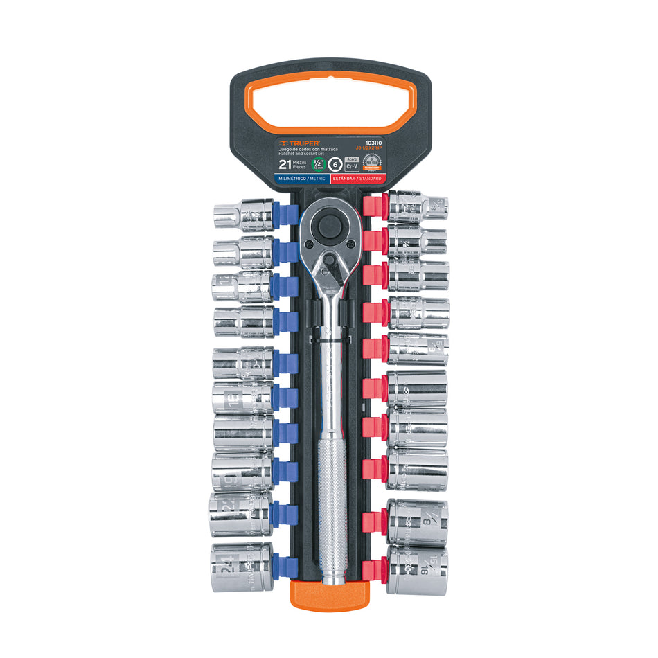 Juego de dados mm y std con matraca, cuadro 1/2', Truper, 103110