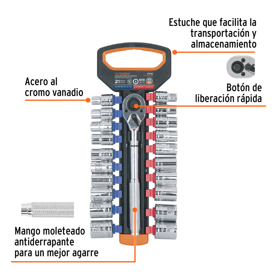 Juego de dados mm y std con matraca, cuadro 1/2', Truper, 103110