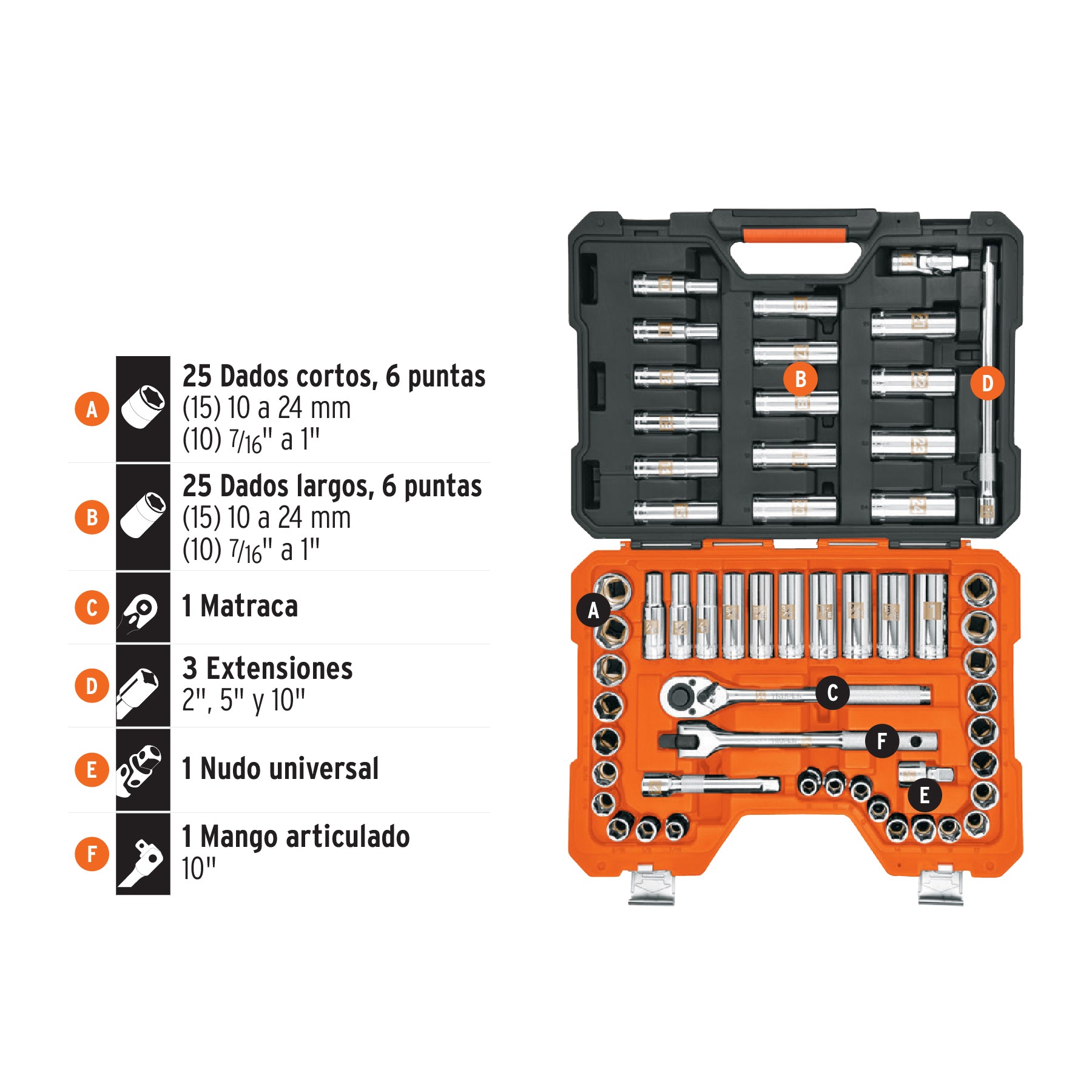 Juego de 56 herramientas cuadro 1/2' std y mm para mecánico, 102261