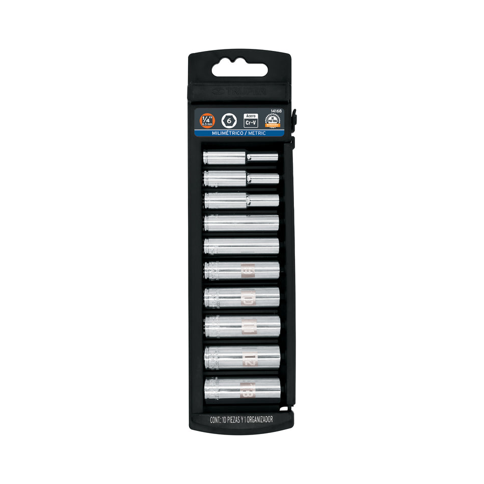 Juego de 10 dados largos cuadro 1/4' mm, Truper Caja con 4, 14168