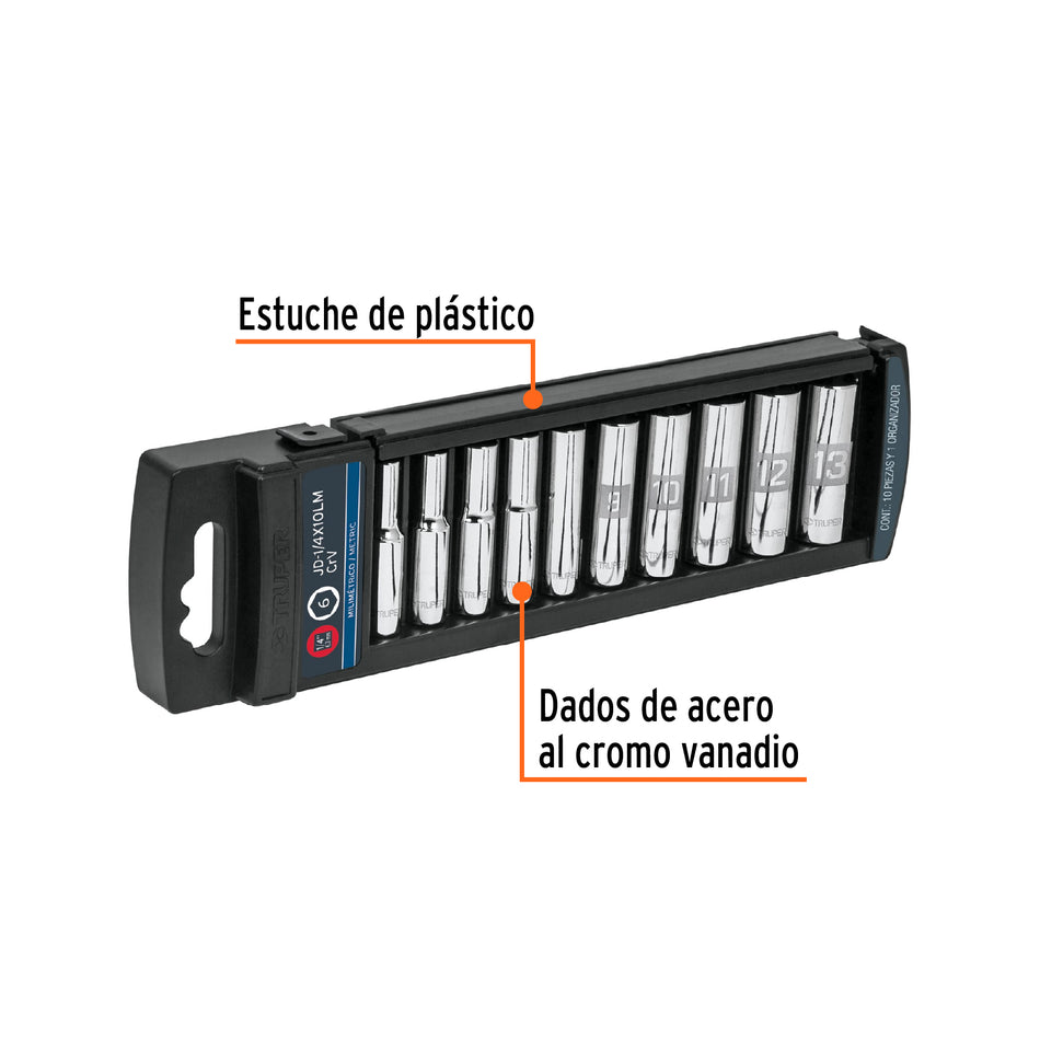Juego de 10 dados largos cuadro 1/4' mm, Truper Caja con 4, 14168