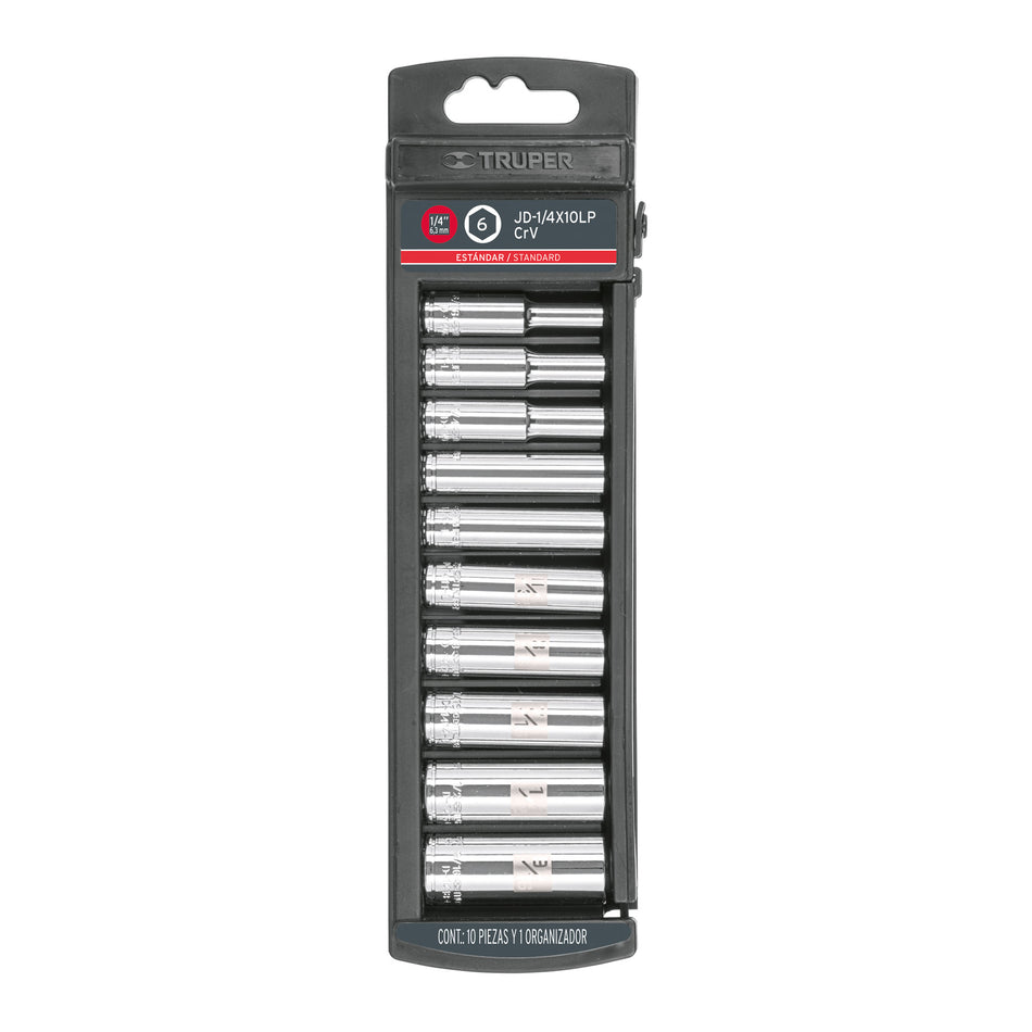 Juego de 10 dados largos cuadro 1/4' std, Truper Caja con 4, 14167
