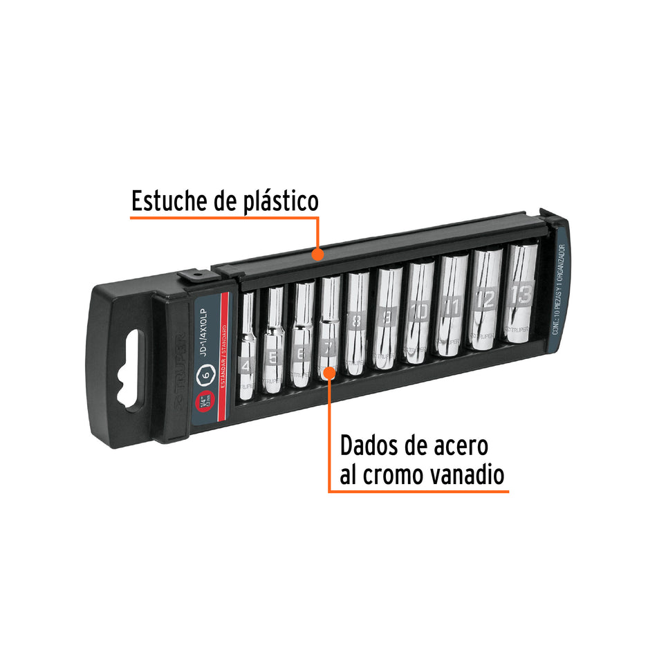 Juego de 10 dados largos cuadro 1/4' std, Truper Caja con 4, 14167