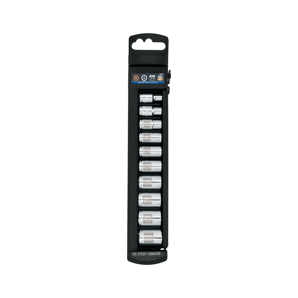 Juego de 10 dados cuadro 1/4' mm, Truper Caja con 4, 14166