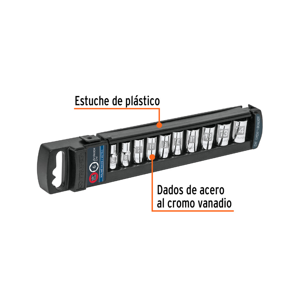 Juego de 10 dados cuadro 1/4' mm, Truper Caja con 4, 14166