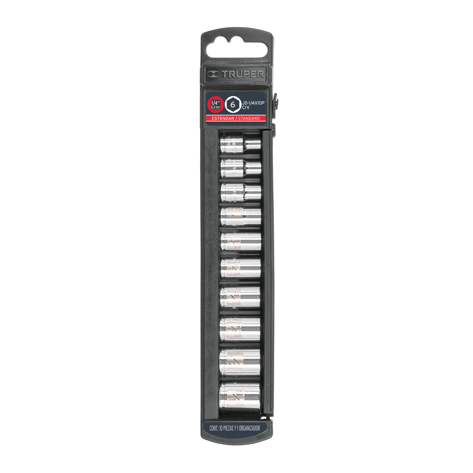 Juego de 10 dados cuadro 1/4' std, Truper Caja con 4, 14165