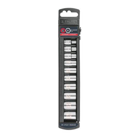 Juego de 10 dados cuadro 1/4' std, Truper Caja con 4, 14165