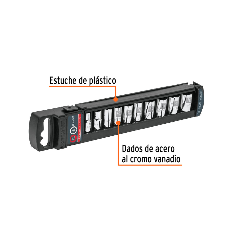Juego de 10 dados cuadro 1/4' std, Truper Caja con 4, 14165