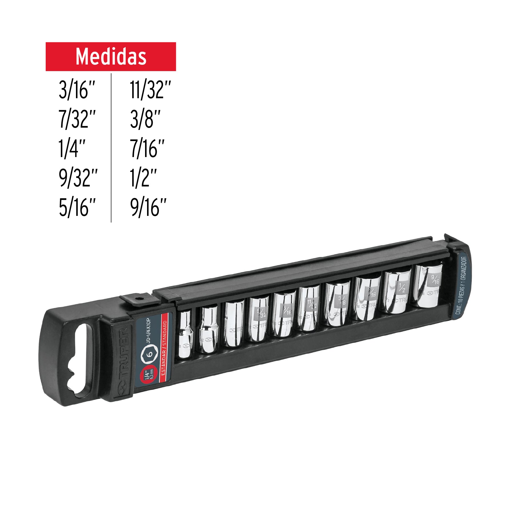 Juego de 10 dados cuadro 1/4' std, Truper, 14165