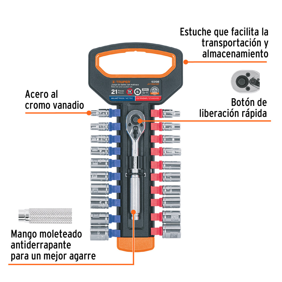 Juego de dados mm y std con matraca, cuadro 1/4', Truper, 103108