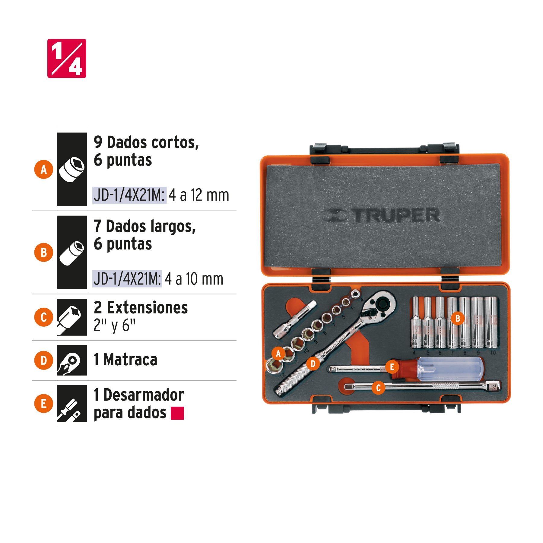 Juego de 20 herramientas cuadro 1/4' mm para mecánico, 13981