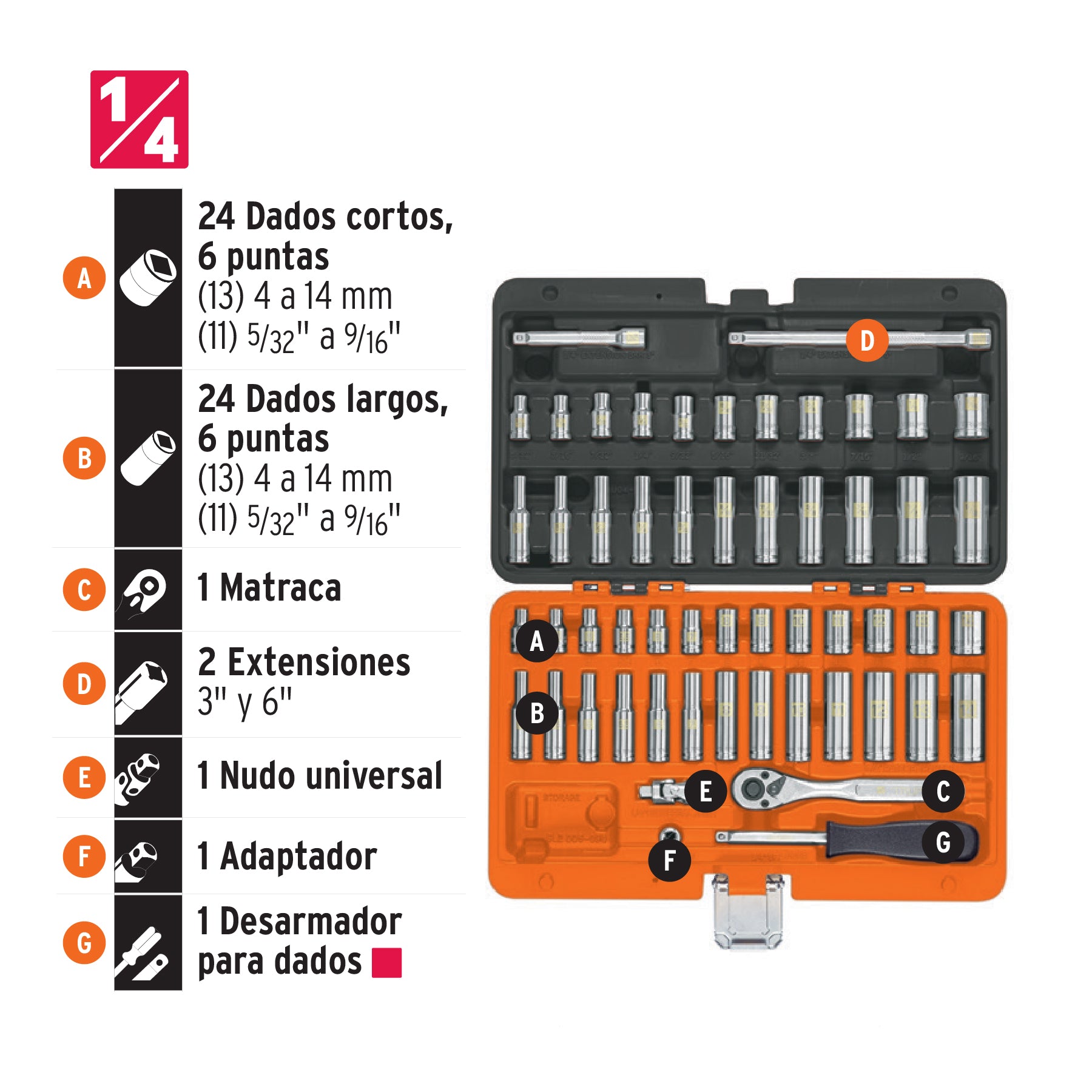 Juego de 54 herramientas cuadro 1/4' std y mm para mecánico, 102388