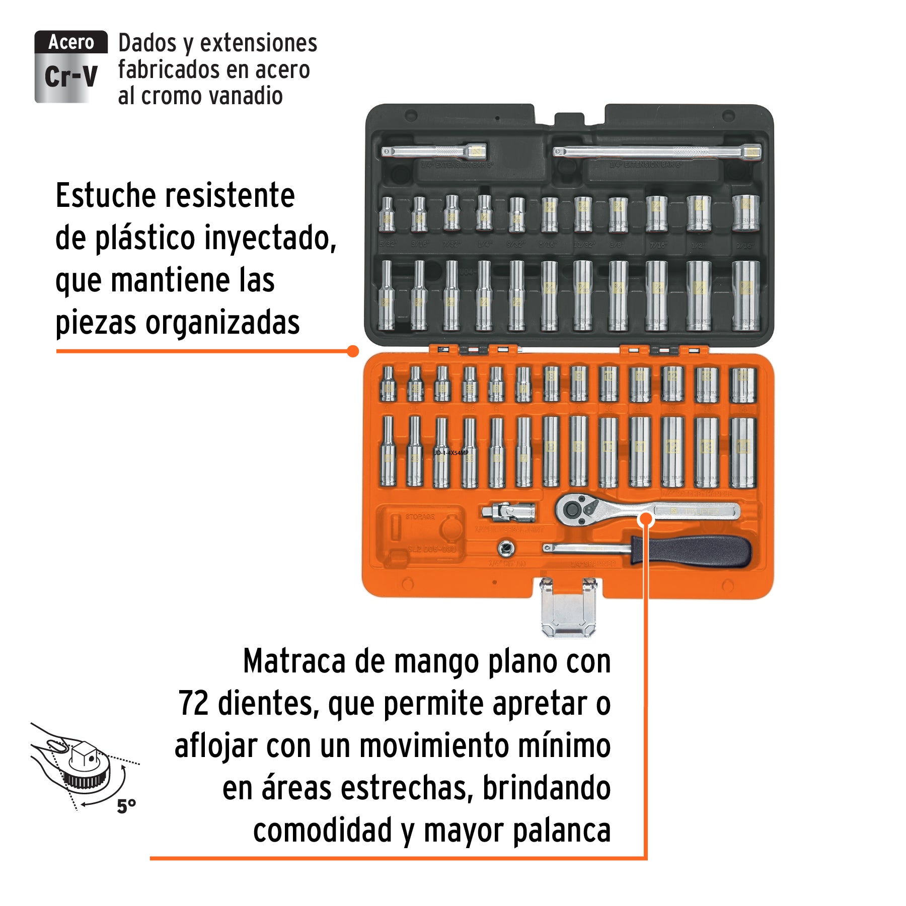 Juego de 54 herramientas cuadro 1/4' std y mm para mecánico, 102388