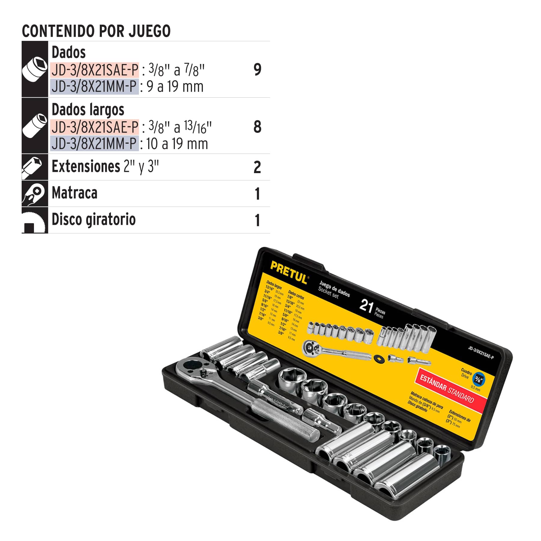 Juego de 21 herramientas 3/8' std para mecánico, Pretul, 21187