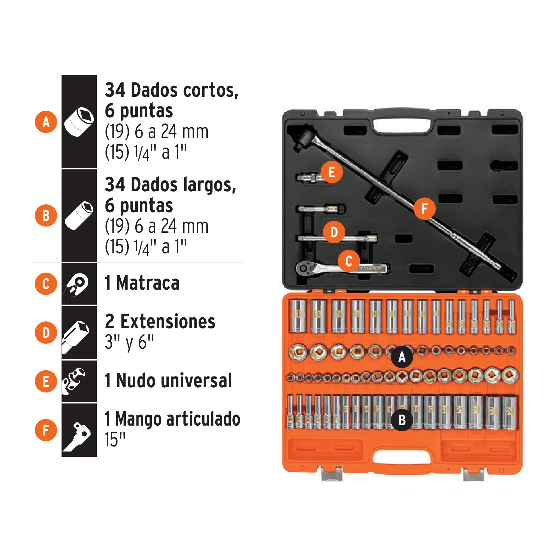 Juego de 73 herramientas cuadro 3/8' std y mm para mecánico, 102389