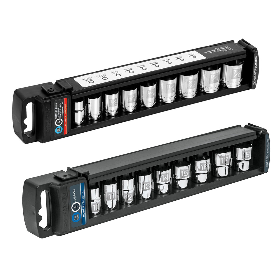 Juego de 9 dados cuadro 3/8' std, Truper Caja con 4, 13950