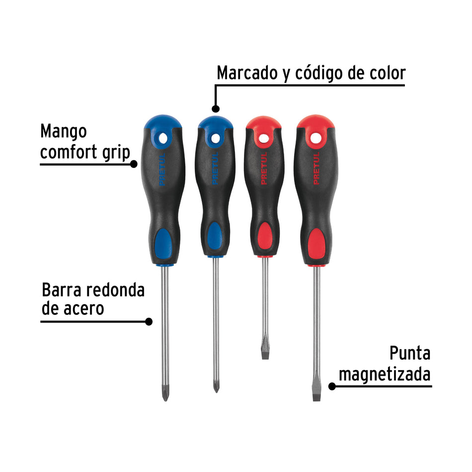 Juego de 4 desarmadores mango Comfort Grip, Pretul Caja con 6, 20218