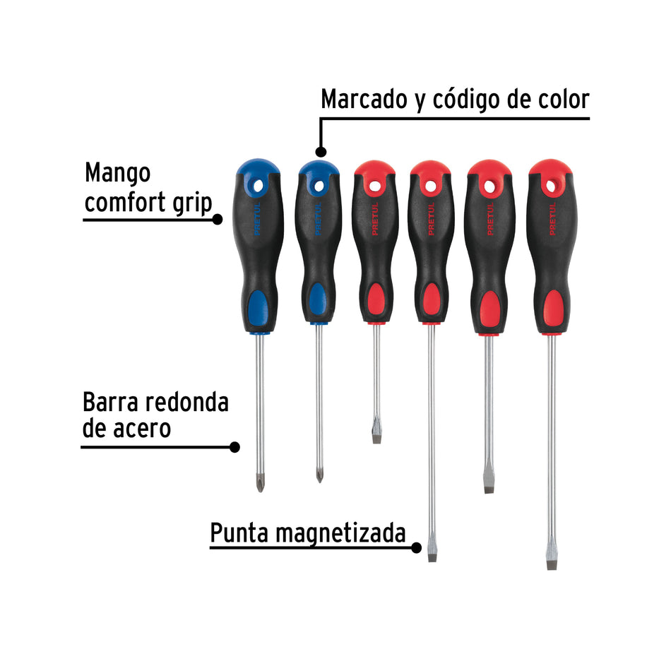 Juego de 6 desarmadores mango Comfort Grip, Pretul Caja con 6, 20220