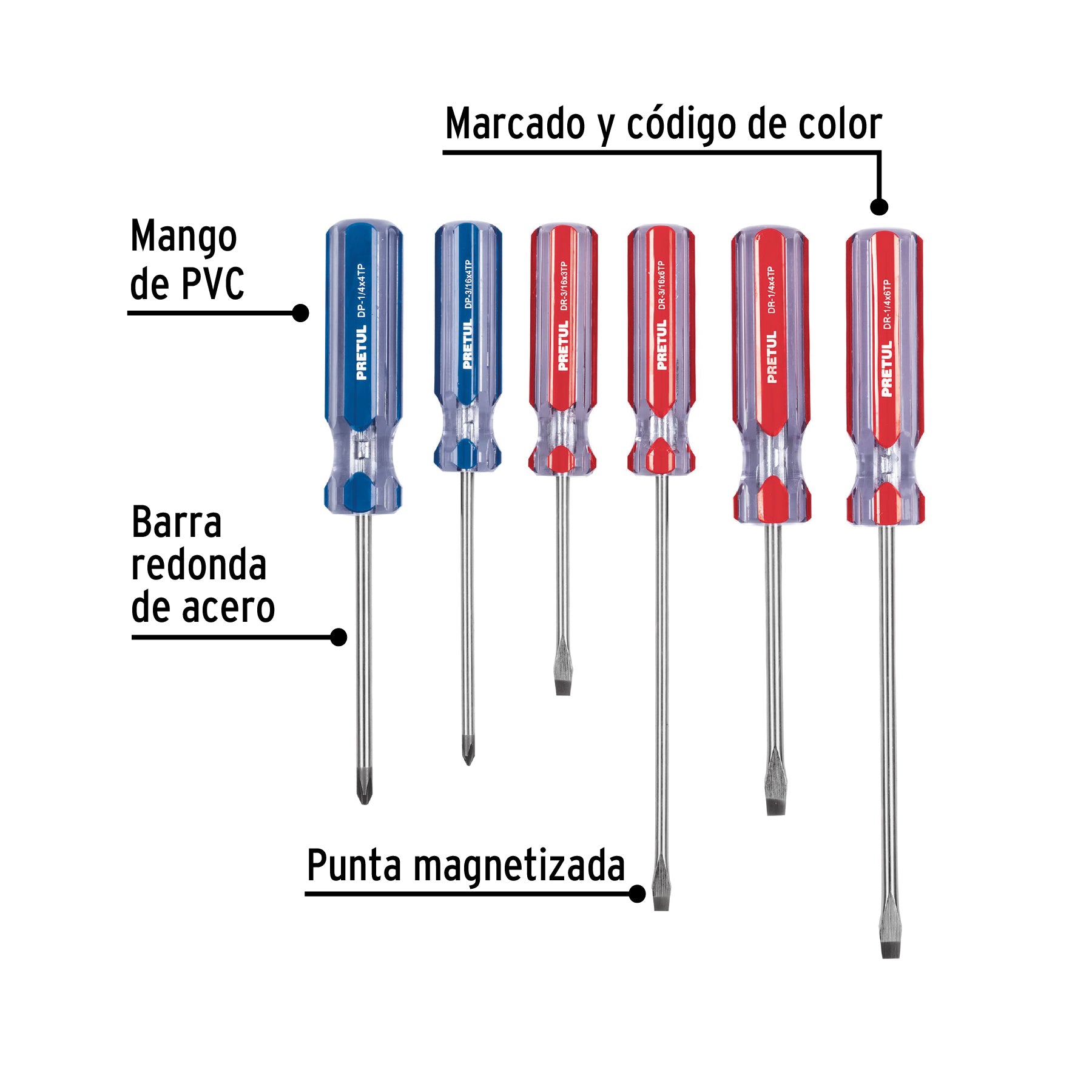 Juego de 6 desarmadores mango de PVC, Pretul, 20214