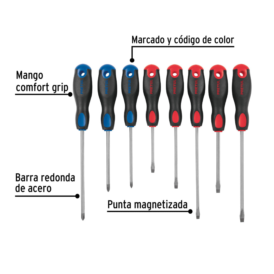 Juego de 8 desarmadores mango Comfort Grip, Pretul Caja con 6, 20219