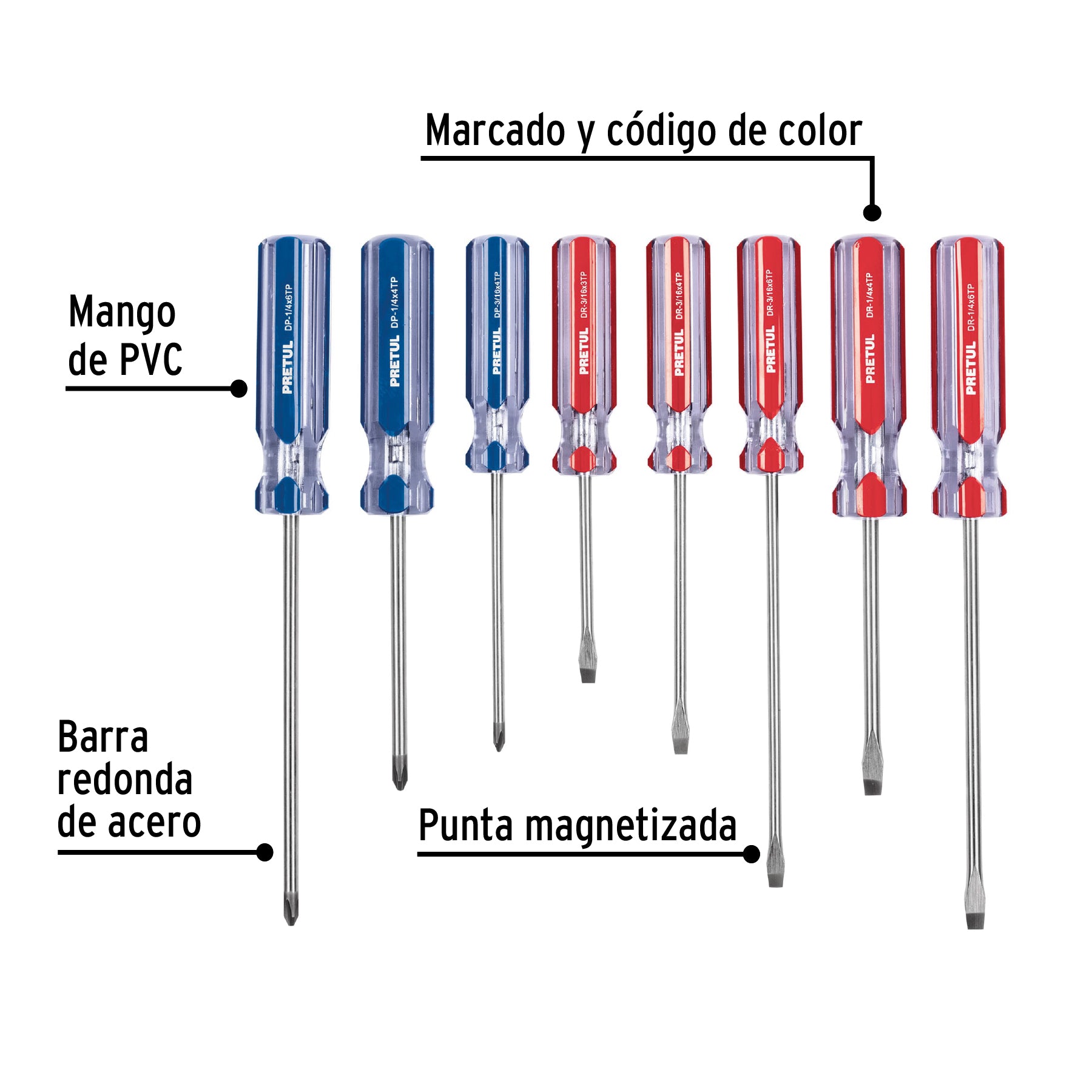 Juego de 8 desarmadores mango de PVC, Pretul, 20213