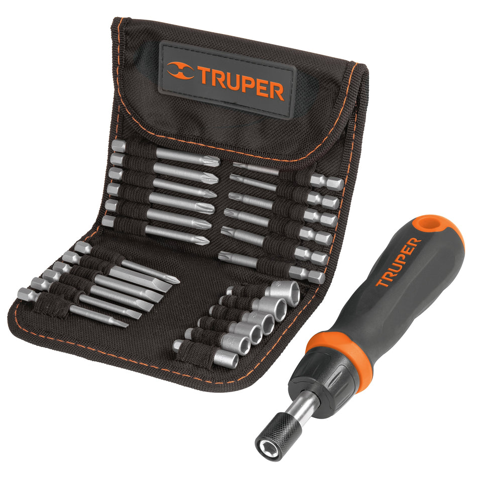 Desarmador tipo matraca con 18 puntas y 6 dados, Truper Caja con 3, 18219